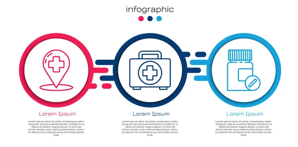 Set Line Map Pointer Cross Hospital First Aid Kit Medicine — Stock Vector
