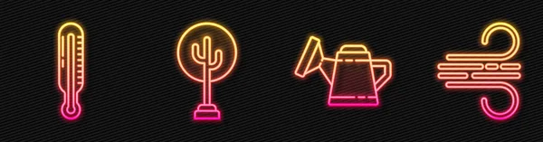 Set Line Gießkanne Meteorologie Thermometer Baum Und Wind Leuchtende Leuchtschrift — Stockvektor