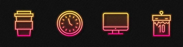 Zeile Computerbildschirm Kaffeetasse Uhr Und Kalender Leuchtende Leuchtschrift Vektor — Stockvektor