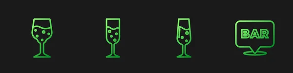 Setați Linia Sticlă Șampanie Locație Bar Alcool Pictograme Culoare Strălucitoare — Vector de stoc