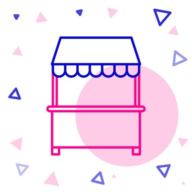 Tenteli ve beyaz arka planda izole edilmiş ahşap askı ikonu olan Line Street tezgahı. Ahşap göğüslü bir büfe. Renkli taslak konsepti. Vektör İllüstrasyonu.