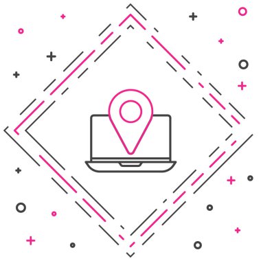 Beyaz arkaplanda konum imleci simgesine sahip dizüstü bilgisayar. Renkli taslak konsepti. Vektör İllüstrasyonu.