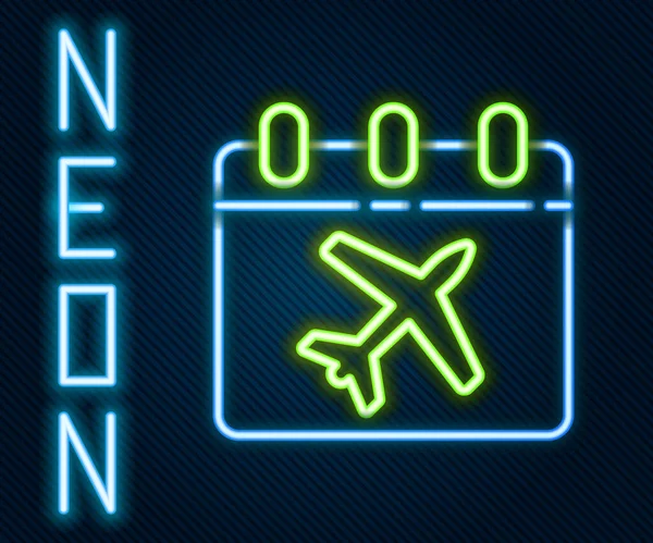 Gloeiende Neon Lijn Reisplanning Kalender Vliegtuig Pictogram Geïsoleerd Zwarte Achtergrond — Stockvector