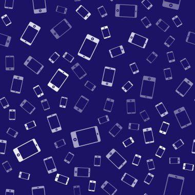 Beyaz akıllı telefon, cep telefonu ikonu mavi arka planda izole edilmiş pürüzsüz desen. Vektör İllüstrasyonu.