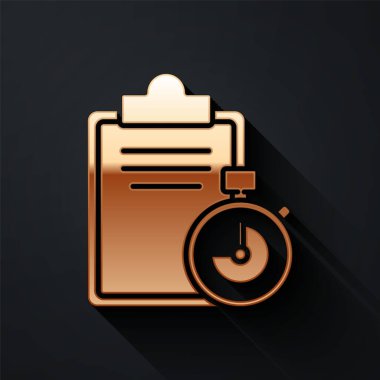 Dağıtım listesi simgesinin altın onayı siyah arkaplanda izole edildi. Uzun gölge tarzı. Vektör İllüstrasyonu.