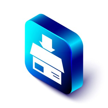 Isometric Karton karton kutu simgesi beyaz arkaplanda izole edildi. Kutu, paket, paket işareti. Teslimat ve ambalaj. Mavi kare düğme. Vektör İllüstrasyonu.