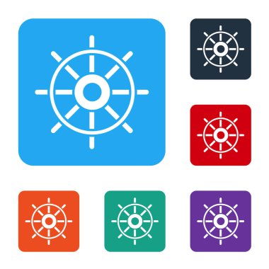 Beyaz Gemi direksiyon simgesi beyaz arka planda izole edildi. Renkli kare düğmelerle simgeleri ayarla. Vektör İllüstrasyonu.