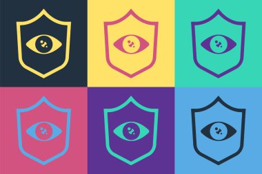 Pop Art Shield göz tarama simgesi renk arkaplanında izole edildi. Göz taraması yapılıyor. Güvenlik kontrol sembolü. Siber göz işareti. Vektör.