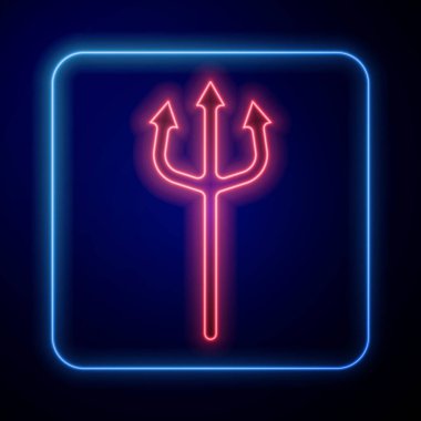 Parlayan Neptün Trident simgesi mavi arkaplanda izole edildi. Mutlu Cadılar Bayramı Partisi. Vektör.