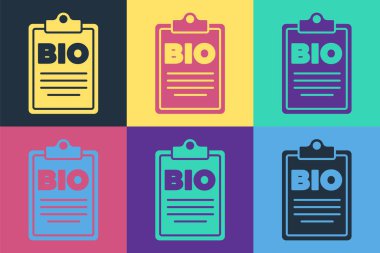 Renkli arka planda izole edilmiş biyo-yeşil sağlıklı yiyecek ikonu için pop sanat belgesi. Organik ürün. Sağlıklı yemek etiketi. Vektör.