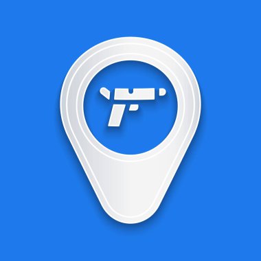 Kağıt kesiği konumu ve mavi arka planda silah simgesi izole edildi. Kağıt sanatı tarzı. Vektör.