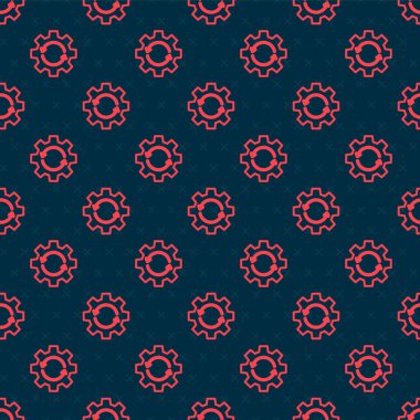 İş akışı konsepti simgesi olarak kırmızı çizgi dişlileri ve oklar siyah arkaplanda izole edilmiş pürüzsüz desen. Vites doldurma tabelası. Vektör İllüstrasyonu.