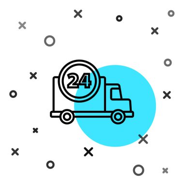 Siyah çizgi, beyaz arka planda izole edilmiş araba ikonu ile günün her saati hızla teslim edilir. Rastgele dinamik şekiller. Vektör İllüstrasyonu.