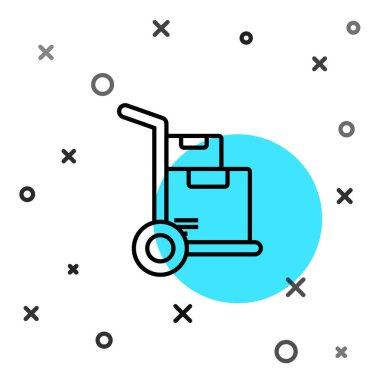 Siyah çizgili el arabası ve beyaz arka planda izole edilmiş kutular. Dolly sembolü. Rastgele dinamik şekiller. Vektör İllüstrasyonu.