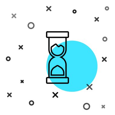 Siyah çizgi Beyaz zemin üzerinde kum ikonu akan eski kum saati. Kum saati işareti. İş ve zaman yönetimi kavramı. Rastgele dinamik şekiller. Vektör.