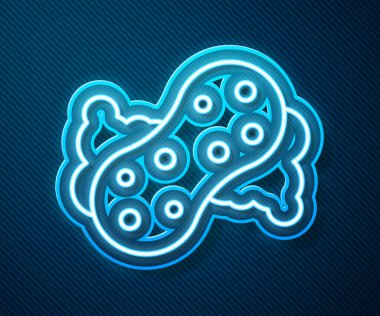 Parlayan neon çizgisi Sünger, mavi arkaplanda izole edilmiş baloncuk simgesi. Bulaşık yıkamak için bir tutam Bast. Temizlik servisi logosu. Vektör.