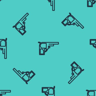 Siyah çizgi Revolver silah ikonu yeşil arka planda kusursuz desen izole etti. Vektör.