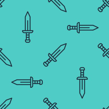 Siyah çizgi kılıç simgesi yeşil arkaplanda kusursuz desen izole etti. Ortaçağ silahı. Vektör.