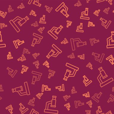 Kahverengi çizgi mikroskop simgesi kırmızı arkaplanda izole edilmiş. Kimya, ilaç aleti, mikrobiyoloji büyütme aracı. Vektör.