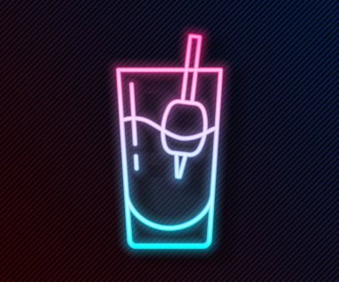 Parlak neon hattı. Kokteyl Bloody Mary simgesi siyah arkaplanda izole edilmiş. Vektör.