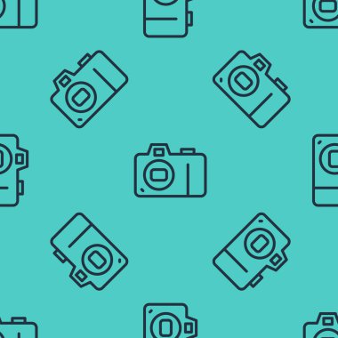 Siyah çizgi fotoğraf makinesi simgesi yeşil arkaplandaki kusursuz deseni izole etti. Fotoğraf makinesi simgesi. Vektör.