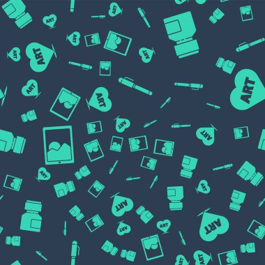 Kalem, boya, guaj, kavanoz, boya, grafiksel tablet ve kalbi düz desenli metin sanatı ile ayarla. Vektör.