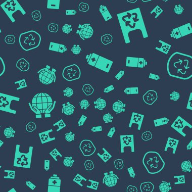 Batarya, geri dönüşümlü plastik torba, Dünya küresi tutan eller ve kalkanın içindeki geri dönüşüm sembolünü pürüzsüz desene ayarlayın. Vektör.