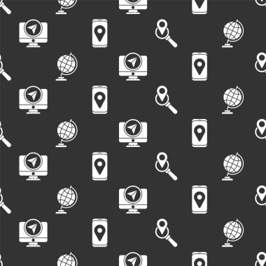 Arama konumu, Dünya küresi, konum işaretleyicisi ve şehir haritası navigasyonunu kusursuz şekilde ayarla. Vektör.