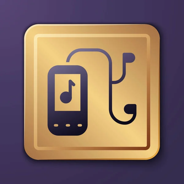 Ikona Odtwarzacza Purple Music Fioletowym Tle Przenośne Urządzenie Muzyczne Złoty — Wektor stockowy