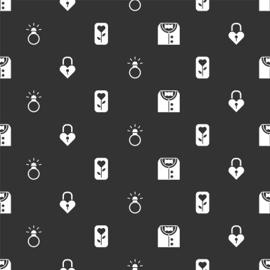 Takım elbise, Castle kalp şeklinde elmas nişan yüzüğü ve çiçek gülü pürüzsüz desenli. Vektör.