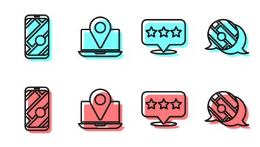 Çizgi haritası işaretleyicisini yıldız, şehir haritası navigasyonu, konum işaretleyicili dizüstü bilgisayar ve şehir haritası yön bulma simgesiyle ayarla. Vektör.