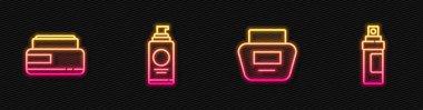 Krem ya da losyon kozmetik tüpü, saç spreyi ve parfüm için sprey kutusu ayarla. Parlayan neon ikonu. Vektör.