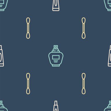 Krem ya da losyon kozmetik tüpü, kulak için pamuk çubuğu ve kusursuz desenli parfüm hazırlayın. Vektör.