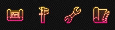 Çizgi anahtarı, ev planı, Calliper veya kalibre ve ölçü ve çizgili kağıt kalem ayarla. Parlayan neon ikonu. Vektör.