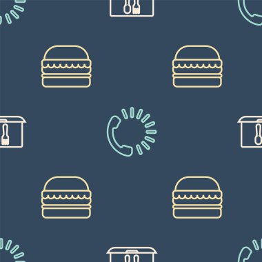 Çevrimiçi sipariş ve teslimat hattı, Burger ve Food 'u kusursuz düzende ayarlayın. Vektör.