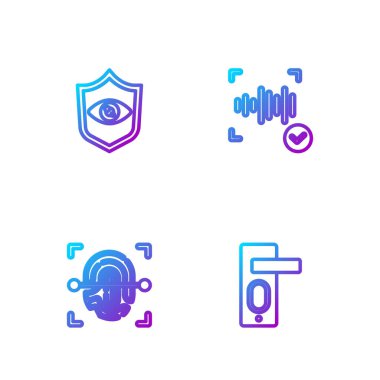 Parmak izi kapı kilidini, Kalkan göz taramasını ve ses tanıma sistemini ayarlayın. Renk simgeleri. Vektör.