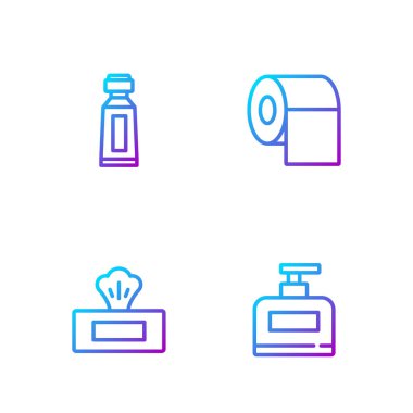 Şişe şampuan, ıslak mendil, tüp diş macunu ve tuvalet kağıdı. Renk simgeleri. Vektör.