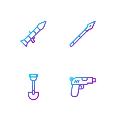 Tabanca ya da silah, istihkamcı küreği, roket fırlatıcı ve ortaçağ mızrağı. Renk simgeleri. Vektör.