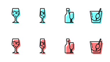 Bardaklı şarap şişesi, bir kadeh şampanya ve kokteyl Bloody Mary ikonu. Vektör.