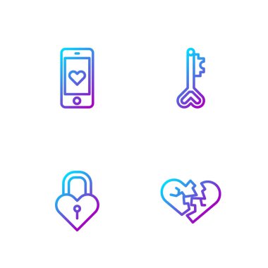 Kırık kalp ya da boşanma, Castle 'ın şekli, Mobile with ve Key. Renk simgeleri. Vektör.