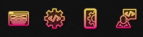 Set Line Web Development Design Front End Een Gloeiend Neon — Stockvector