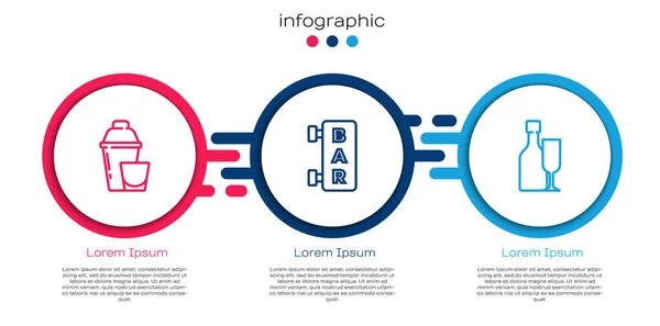 Set Line Cocktailshaker Straßenschild Mit Bar Und Weinflaschenglas Geschäftsinfografische Vorlage — Stockvektor