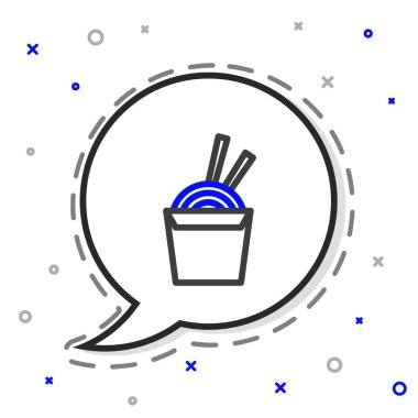 Karton kutuda Asya erişteleri ve beyaz arka planda izole edilmiş yemek çubukları ikonu. Sokak yemeği. Kore, Japon, Çin yemekleri. Renkli taslak konsepti. Vektör İllüstrasyonu.