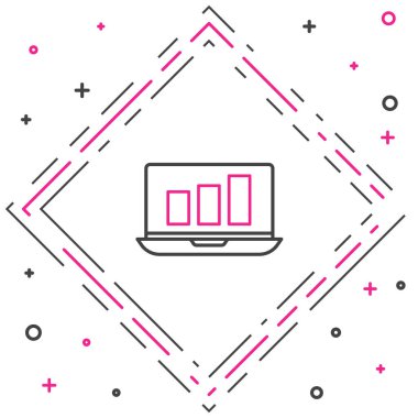 Grafik çizelgesi simgesine sahip dizüstü bilgisayar beyaz arkaplanda izole edildi. Metin dosya simgesini rapor et. Muhasebe tabelası. Denetim, analiz, planlama. Renkli taslak konsepti. Vektör İllüstrasyonu.