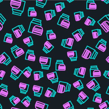 Online sipariş ve hamburger dağıtım simgesi siyah arkaplanda izole edilmiş. Vektör İllüstrasyonu.