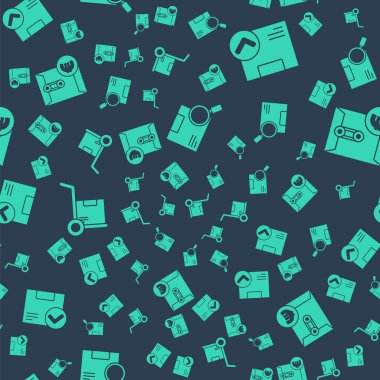 Arama paketini, işaretli paket kutusunu, el arabası ve kutuları ve pürüzsüz desenli avro sembollü zarfı ayarla. Vektör.