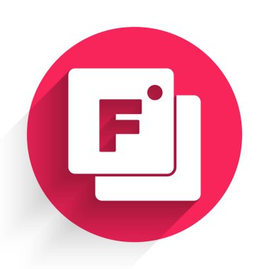 Beyaz Fahrenheit simgesi uzun gölgeli izole edilmiş. Kırmızı daire düğmesi. Vektör.