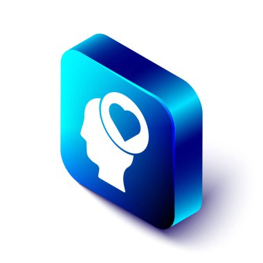 Isometric kırık kalp ya da beyaz arka planda izole edilmiş boşanma ikonu. Aşk sembolü. Sevgililer Günü. Mavi kare düğme. Vektör.