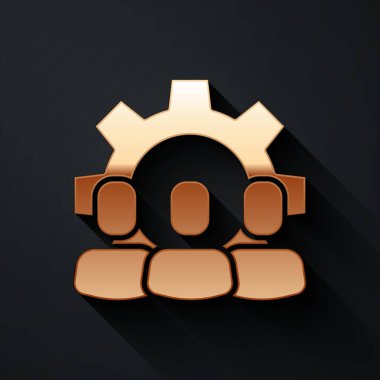 Altın Proje ekibinin üs simgesi siyah arkaplanda izole edildi. İş analizi ve planlama, danışmanlık, takım çalışması, proje yönetimi. Uzun gölge tarzı. Vektör.