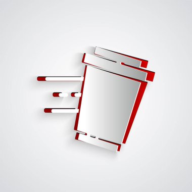 Kağıt, kahve fincanını gri arka planda izole etmek için kesmiş. Kağıt sanatı tarzı. Vektör.